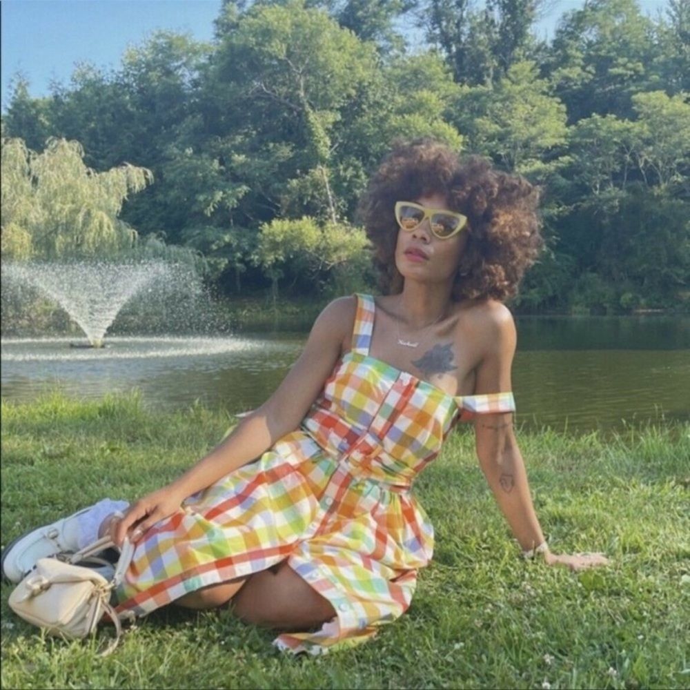Christopher John Rogers Yellow Orange Green Plaid Midi Dress
